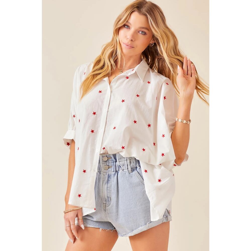 Talulah White Red Star Oversized Button Down Shirt Small NWT